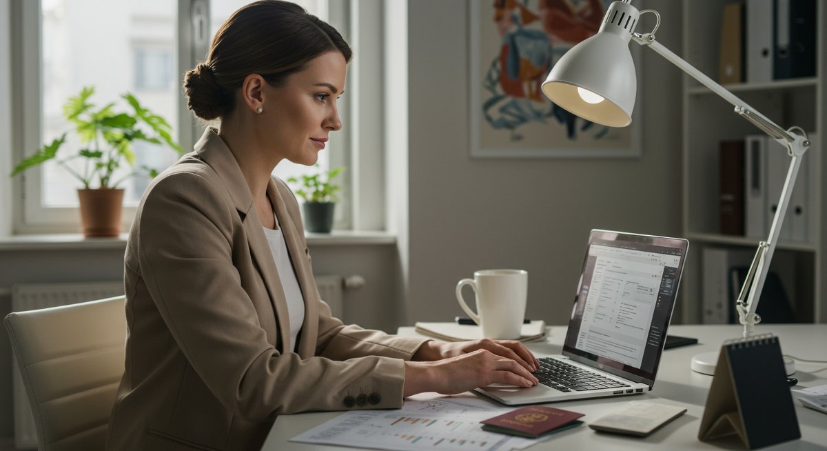 European P2P investor reviewing tax documentation in a modern co-working space with minimalist decor and natural lighting