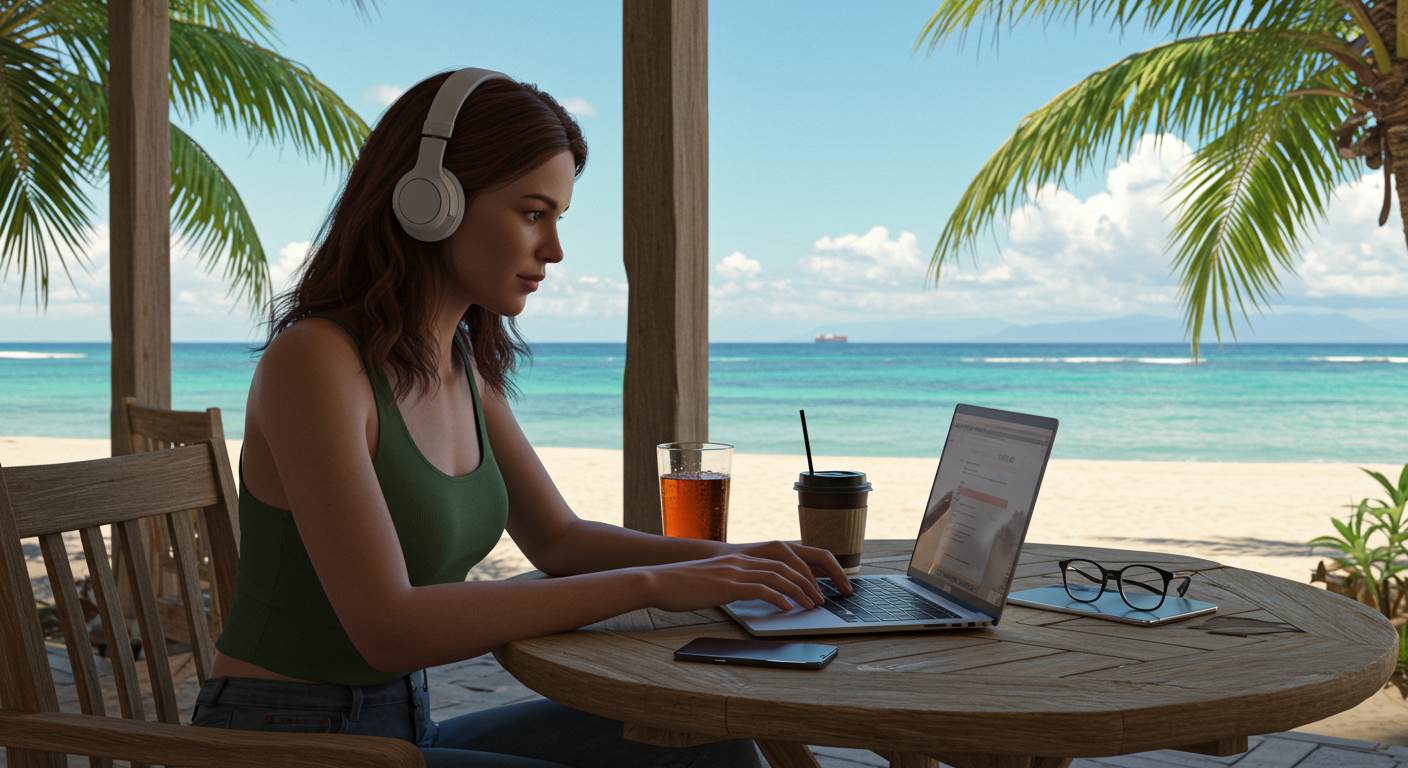 A female digital nomad working remotely from a beachside cafe, showcasing her essential tech gear for productivity and freedom.
