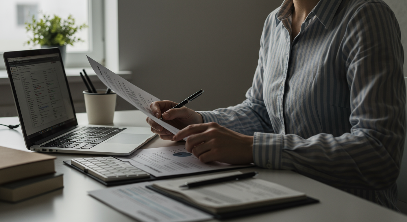 Minimalist reviewing finances at home office. A person is focused on a laptop with a spreadsheet, with a few carefully curated items. The scene is lit with cool afternoon lighting.