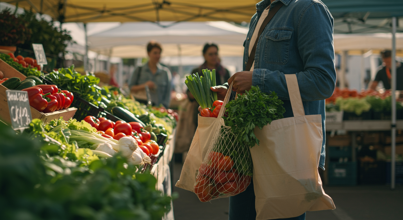 A person shopping at a local farmers' market, choosing fresh, local produce, with reusable bags, promoting sustainable food choices and eco-friendly eating.