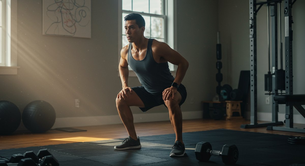 Person doing squats with dumbbells in home gym with natural lighting