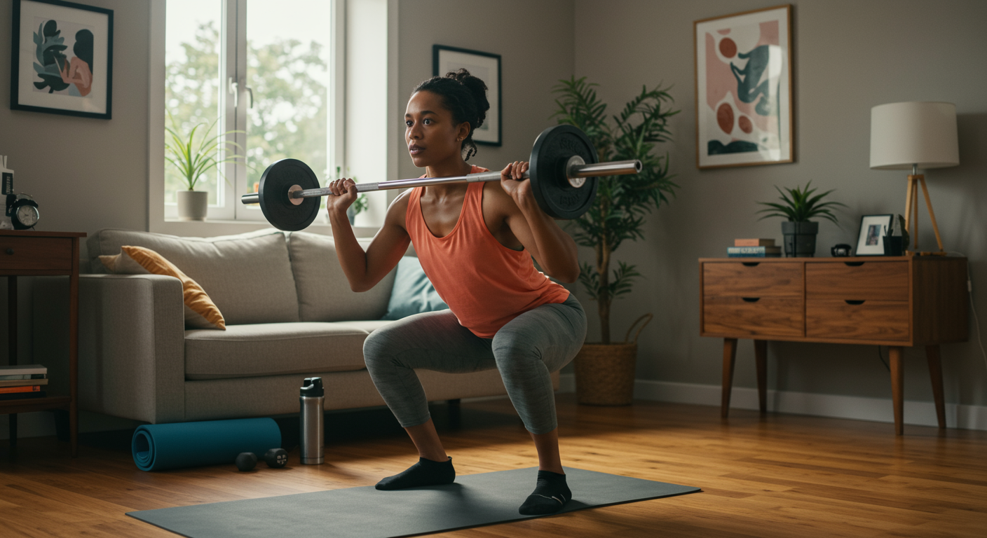 Person performing bodyweight squats in a living room, showcasing a home leg workout with no equipment. The image highlights effort and progress.