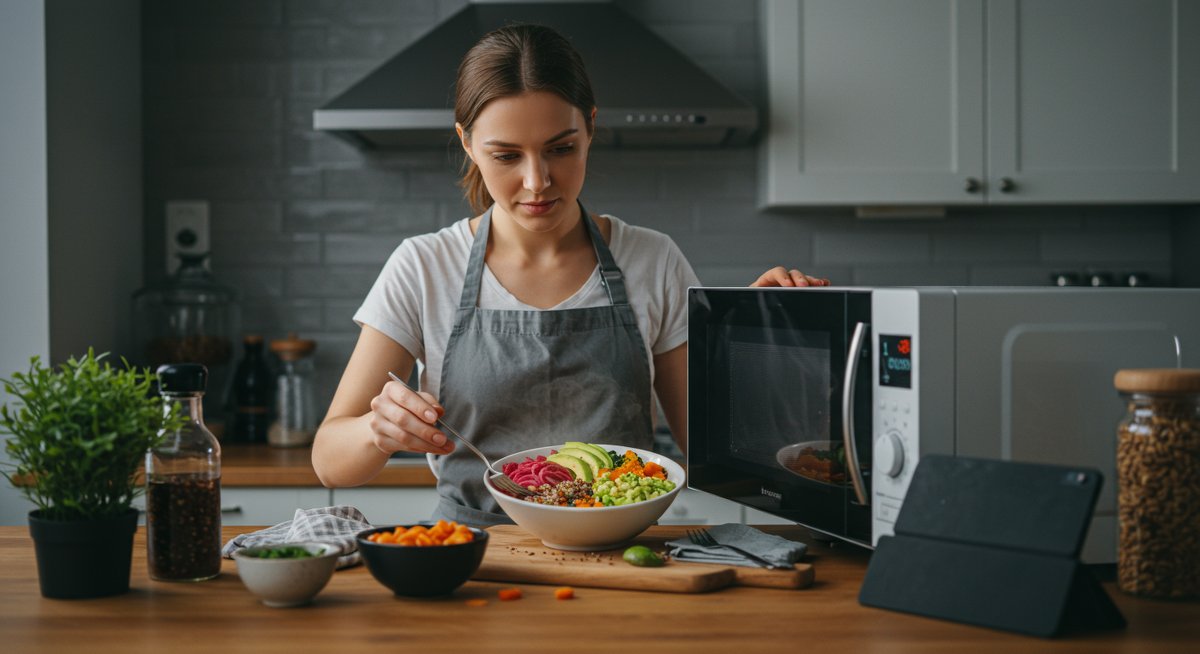 Professional image of a healthy microwave meal being prepared in a modern kitchen with fresh ingredients and a recipe tablet