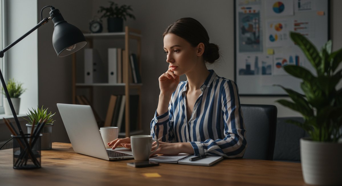 Minimalist finances: Woman in clean home office focused on budget planning with laptop, coffee mug, and notepad