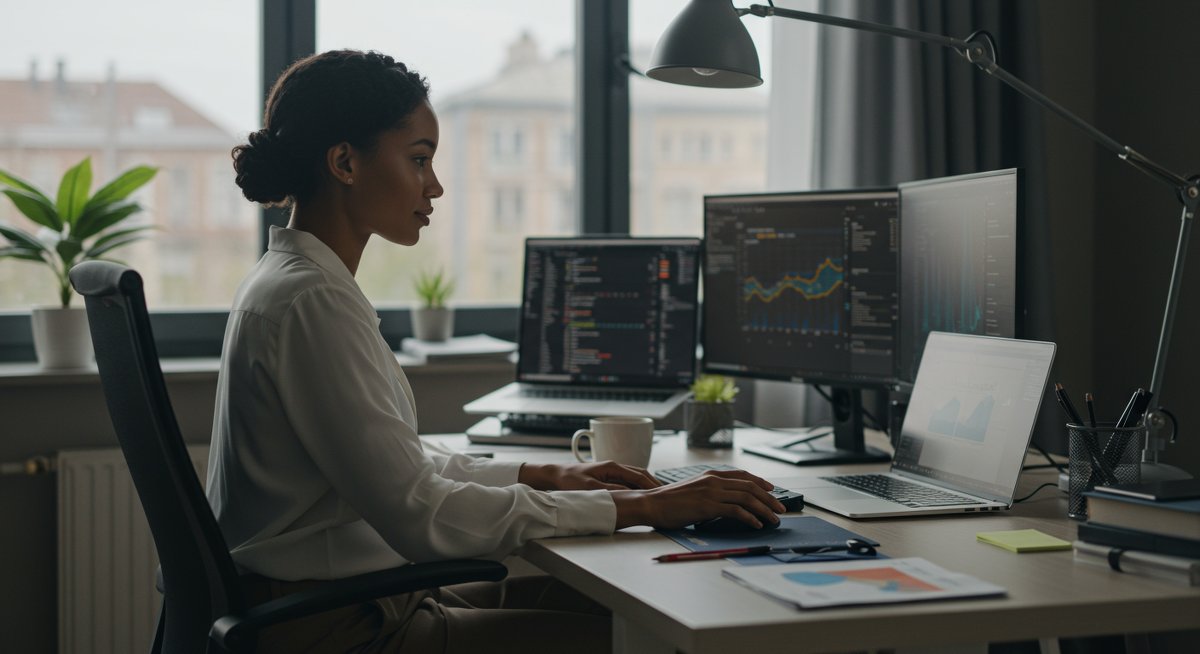 Professional woman optimizing workspace for productivity with ergonomic setup and natural lighting