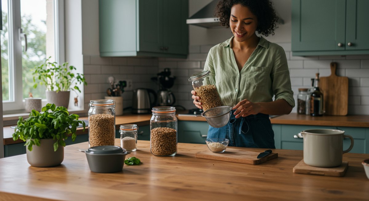 Eco-friendly kitchen scene showing sustainable cooking tools and practices