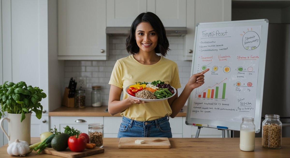 Vegan nutrition infographic showing essential vitamins and minerals with vibrant plant-based foods and educational visuals