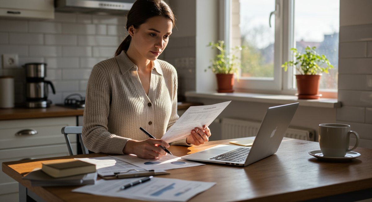 Money-saving challenge: Confident woman managing finances with organized documents and laptop in modern kitchen setting
