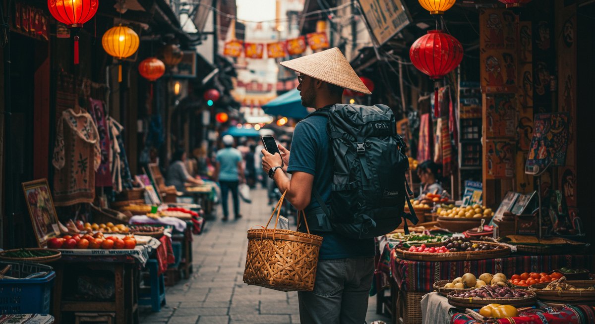 Budget traveler exploring Southeast Asian market with authentic cultural experiences