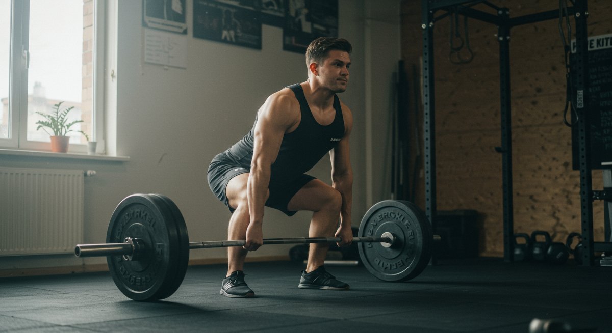 Person doing deadlifts with barbell in home gym with natural lighting