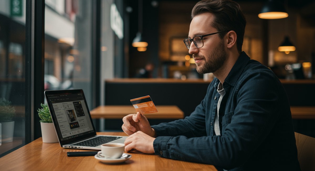 Experienced digital nomad using credit card at café with travel rewards benefits