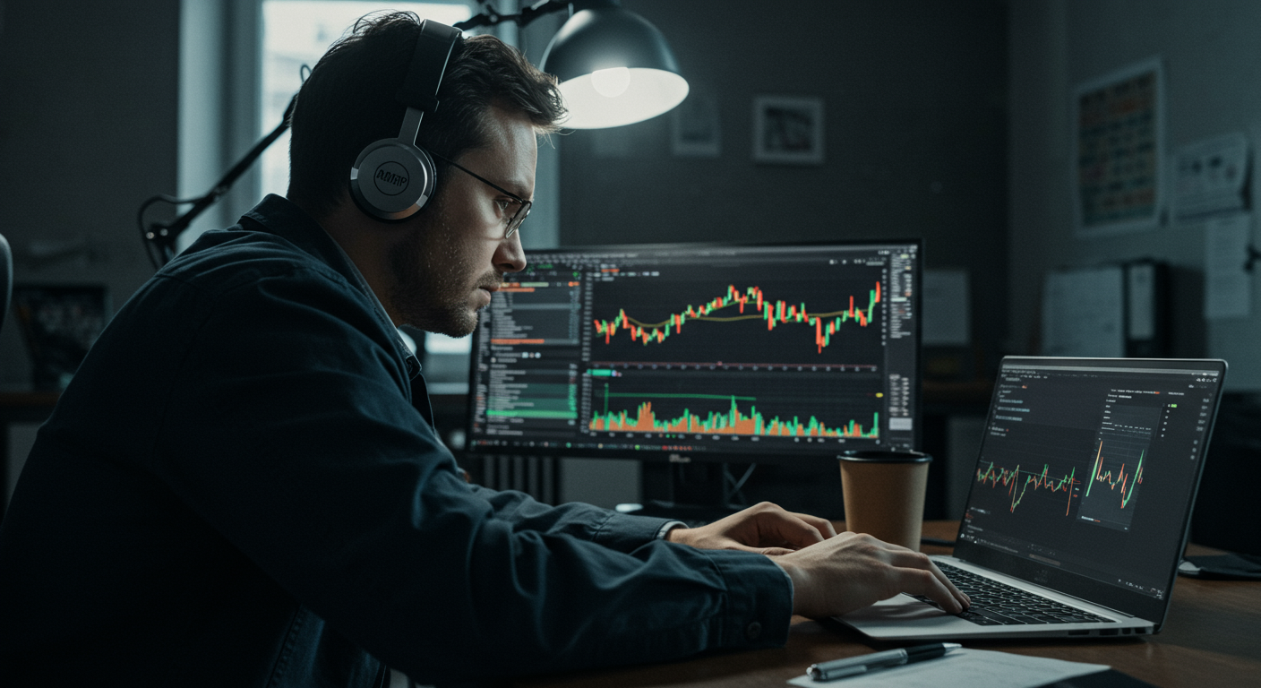 Crypto trader analyzing charts on a computer with focused expression