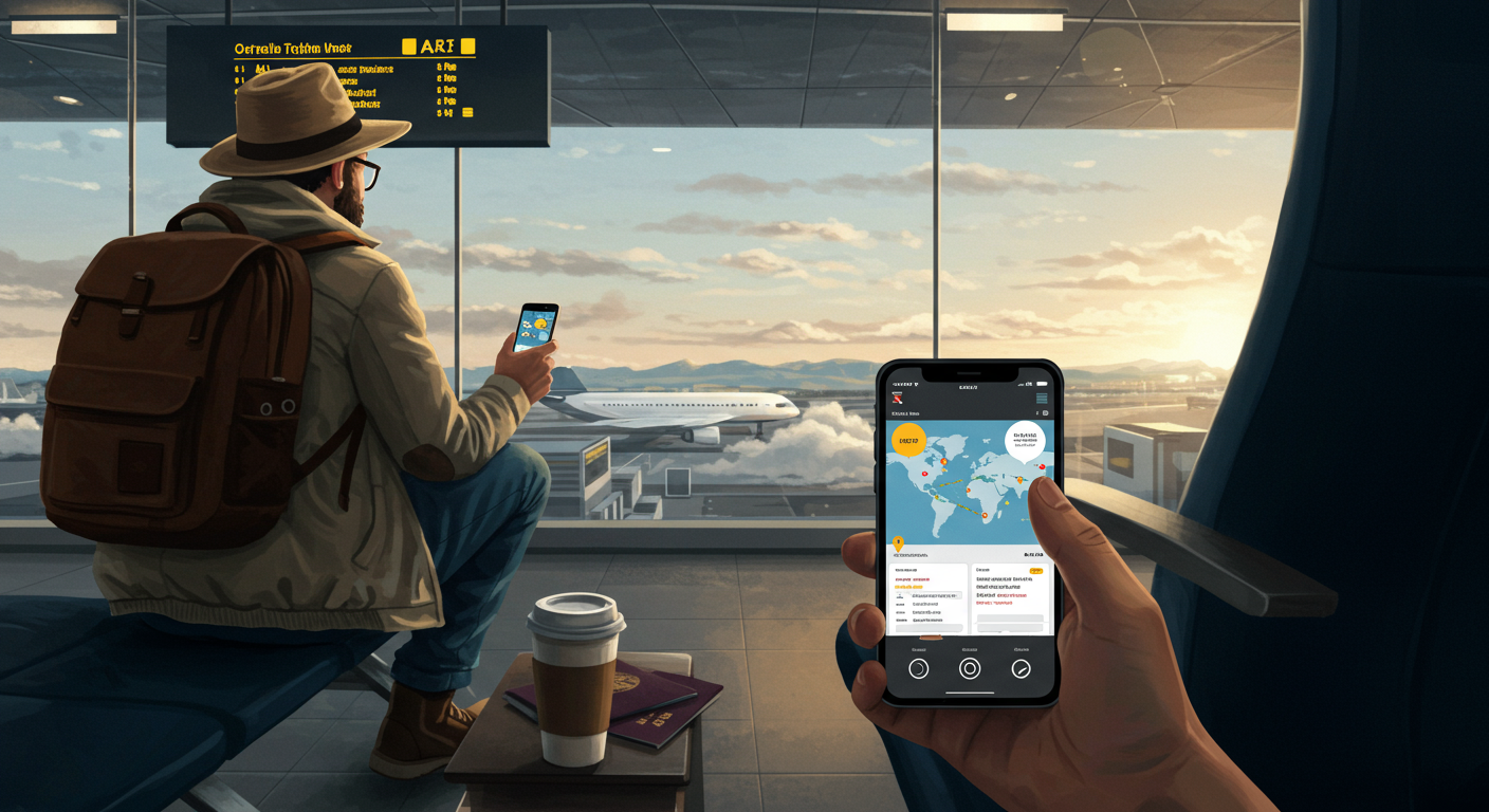 Traveler planning a trip at the airport, using a phone to check flight details with a world map in the background.