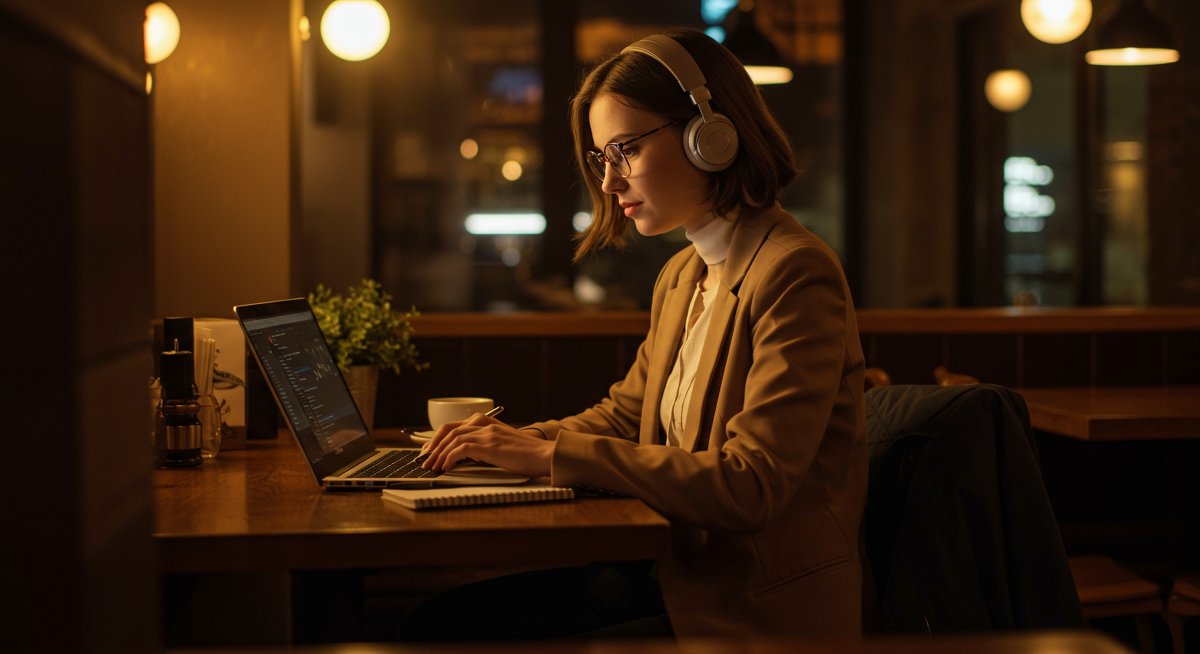 Beginner crypto trader learning crypto swaps in café with laptop and notebook, warm lighting, modern design