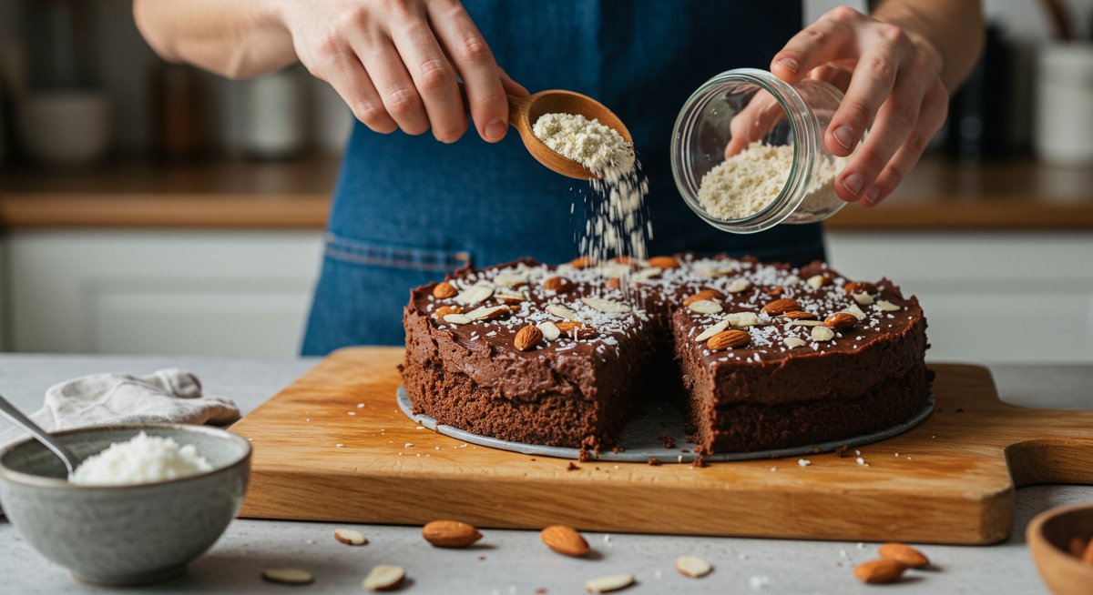 Vegan gluten-free chocolate cake being prepared with almond flour and coconut oil in modern kitchen