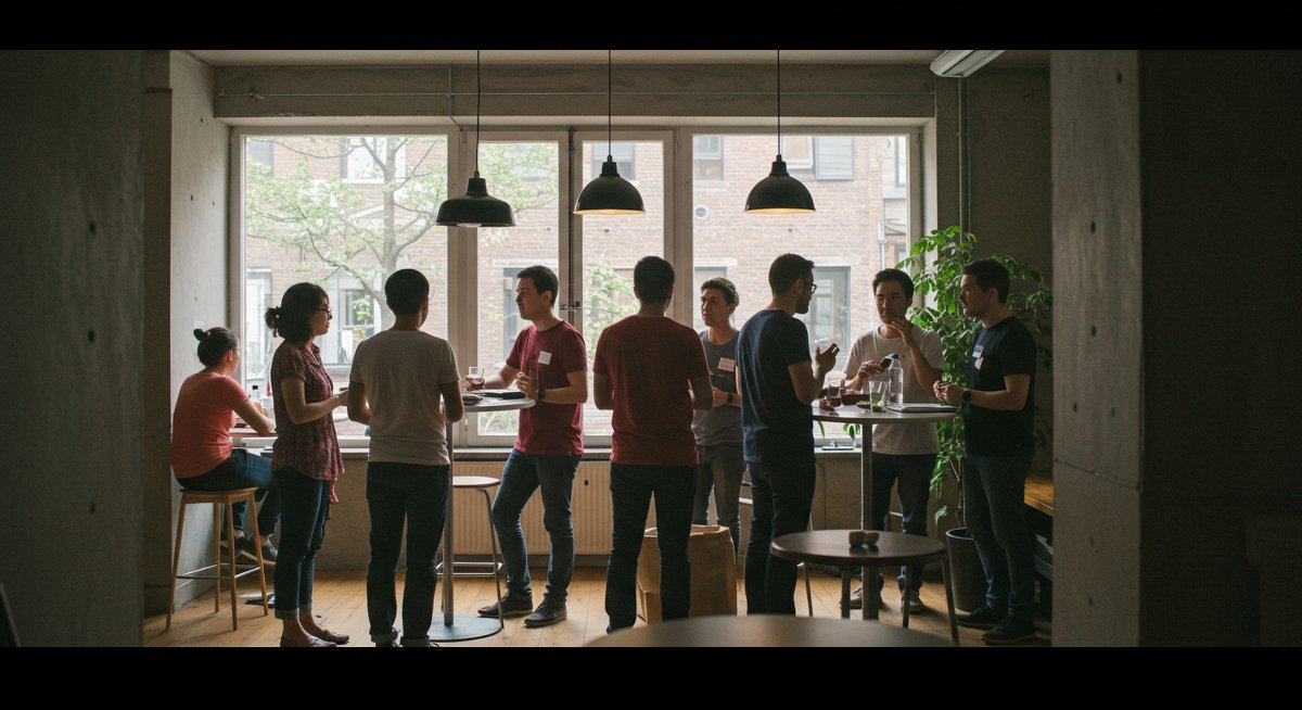 Digital nomad community networking in a modern co-living space with collaborative workspaces and communal areas