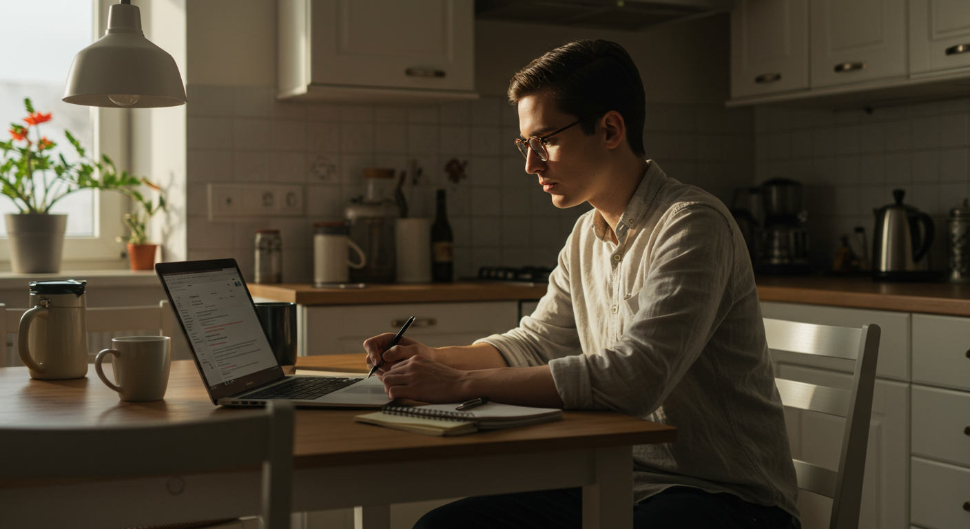 A person at a kitchen table working on minimalist finances, with a laptop, coffee, and notepad.