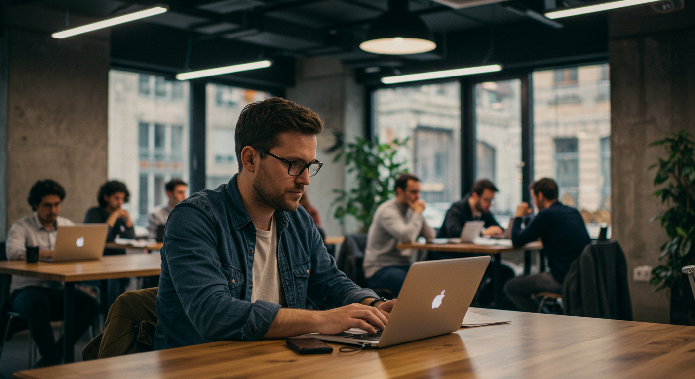 Experienced male digital nomad focused on cybersecurity work in a co-working space, highlighting collaboration and data protection.