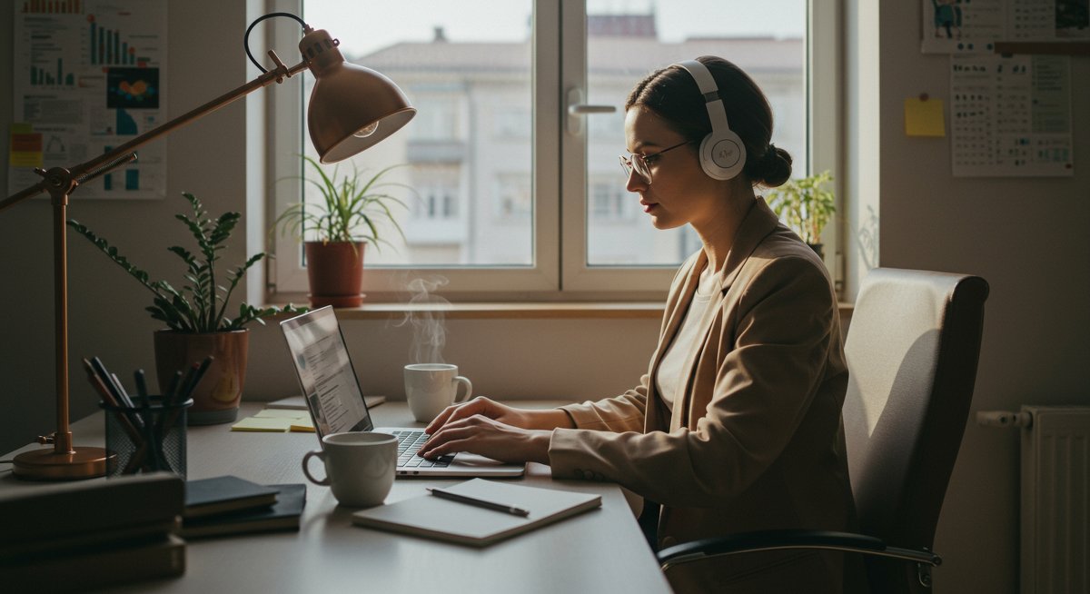Professional woman in minimalist home office with ergonomic laptop setup, natural light, and focused work environment