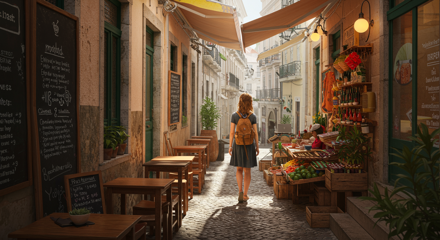 Female digital nomad exploring a local market in Lisbon while working remotely. Cultural immersion and visa-free travel.