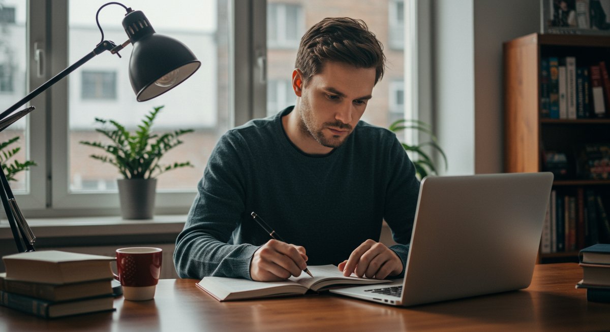 Student managing exam stress with organized study materials and calming environment for test anxiety strategies