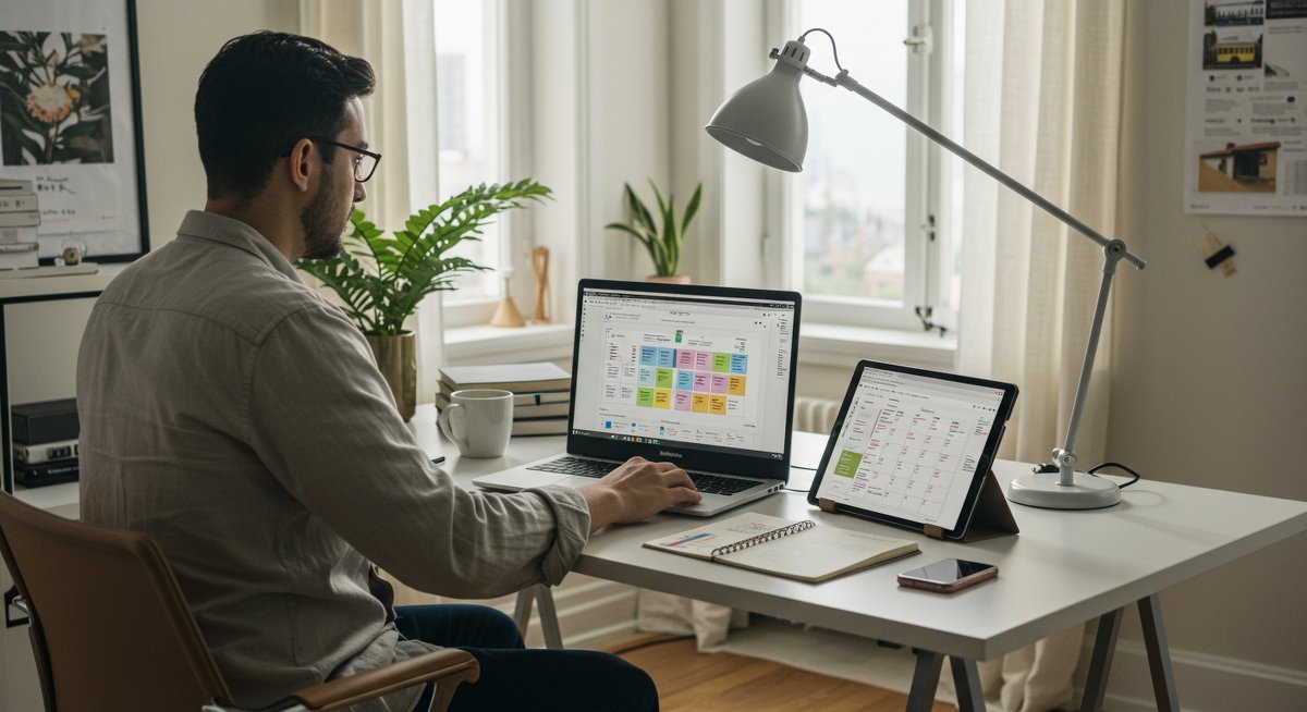A confident man in a modern home office using a prioritization matrix and bullet journal to manage tasks, with natural light and minimalist decor enhancing the professional workspace.