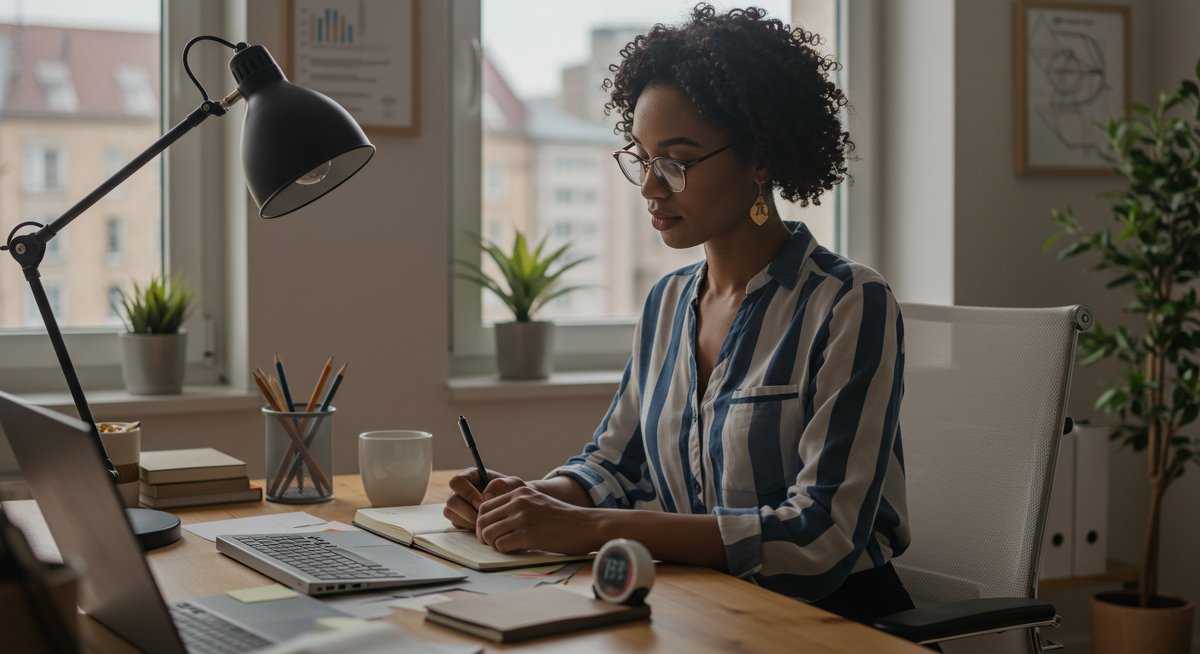 Confident woman using bullet journal and Pomodoro timer in modern home office for analog productivity