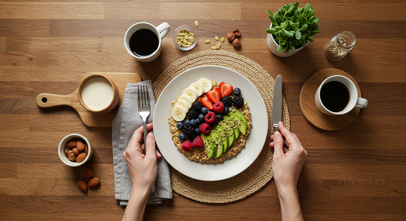 Overhead shot of a beautifully plated vegan breakfast with berries and nuts, perfect for a quick and delicious start to the day.