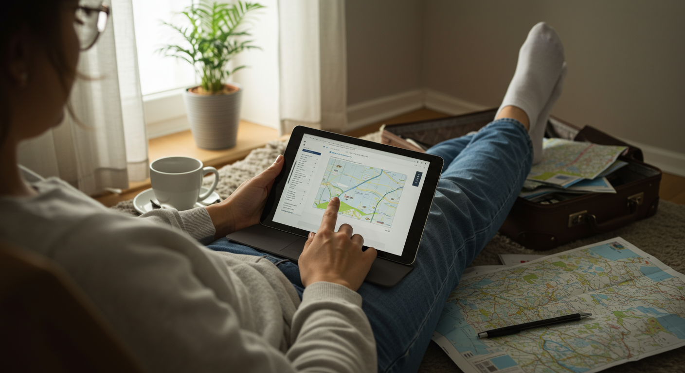 Minimalist traveler planning a trip in a small, organized apartment, using a tablet and maps with an empty suitcase ready.
