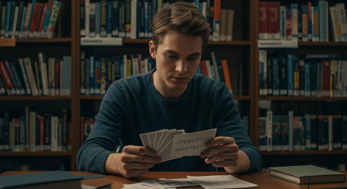 Student managing test anxiety with flashcards in a library, reducing exam stress through effective study strategies