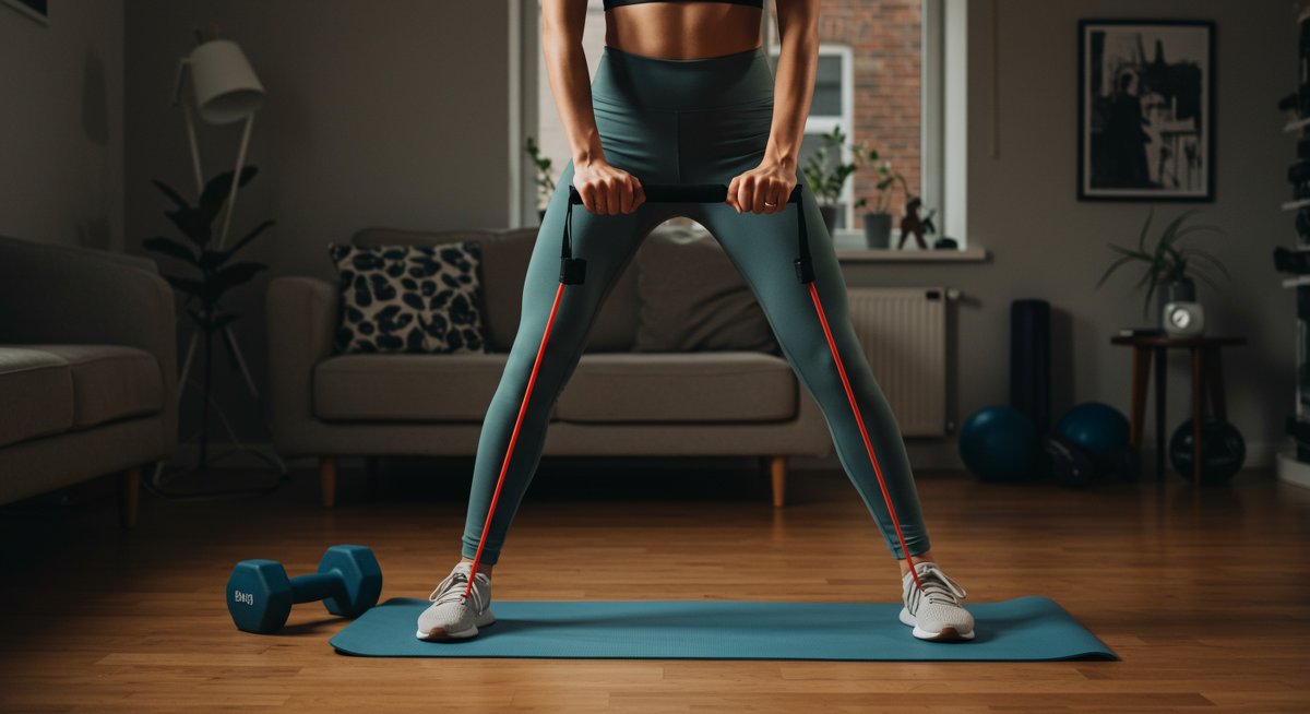Budget home gym equipment review: Woman demonstrating resistance band exercises in a modern living room with adjustable dumbbells and yoga mat