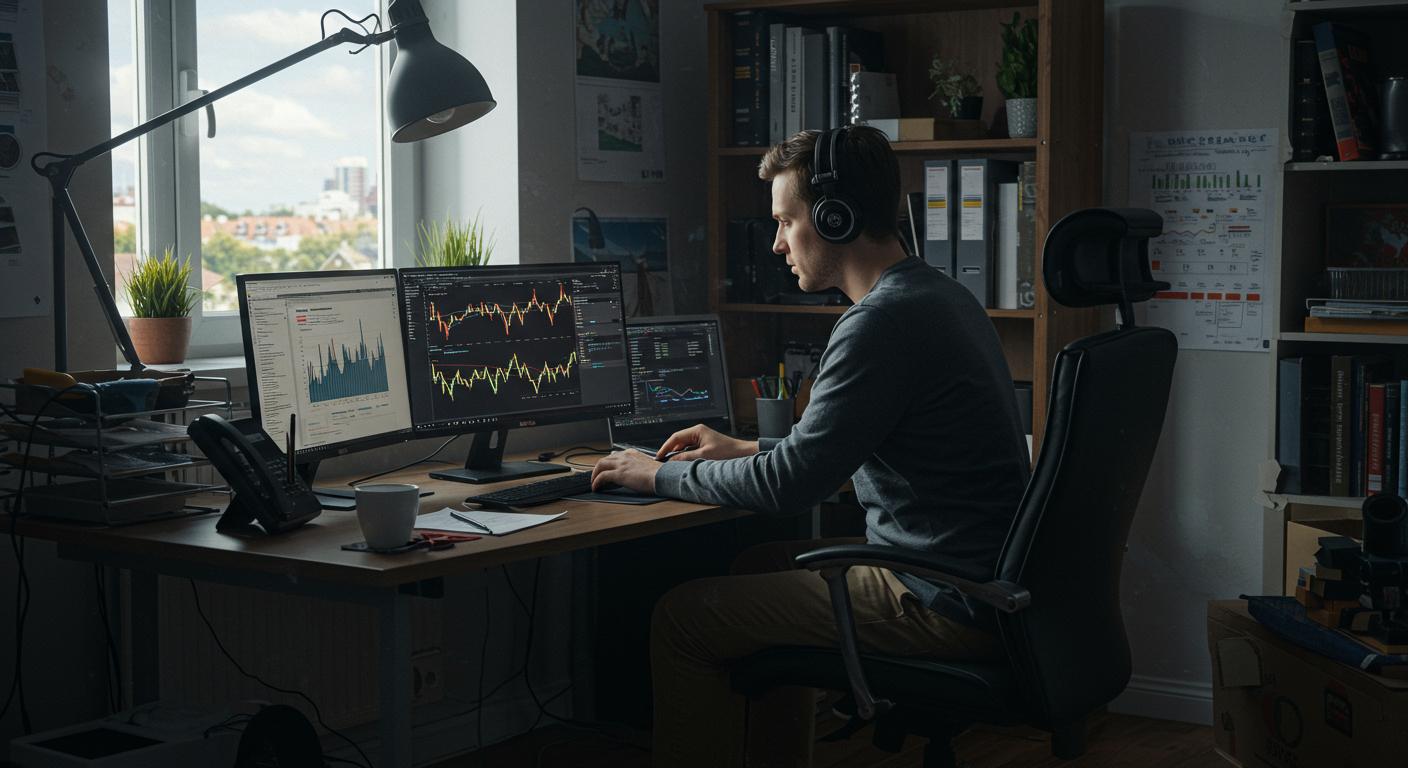 Person analyzing crypto trading strategies with modern tech and fitness gear