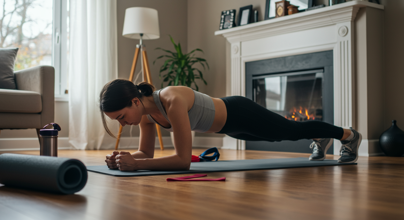 Intermediate fitness person doing plank core exercise at home on a yoga mat.