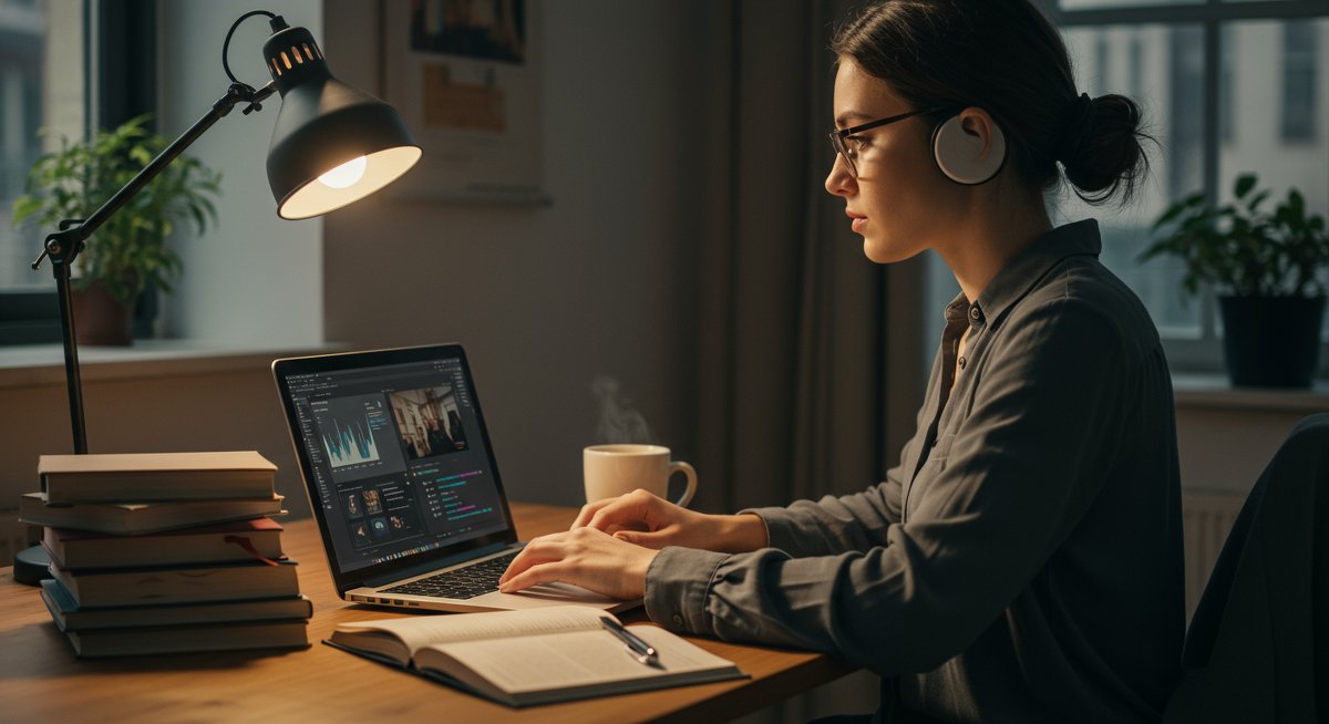 Adult learner using laptop for neuroscience-backed study habits with clean office setup