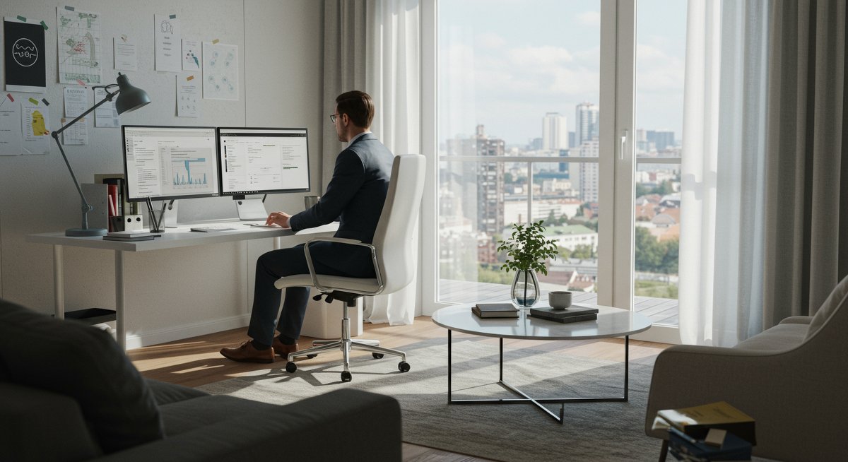 Luxury budgeting visualization showing professional financial planning in a high-end home office environment