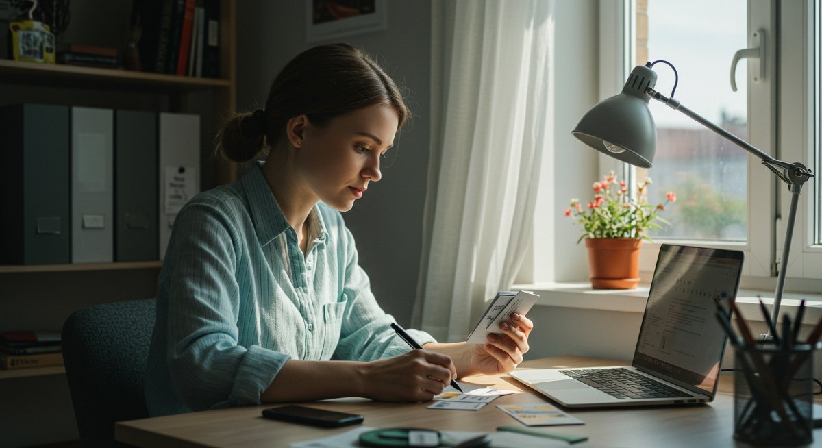 Self-learner overcoming language learning challenges with flashcards in a well-lit study space