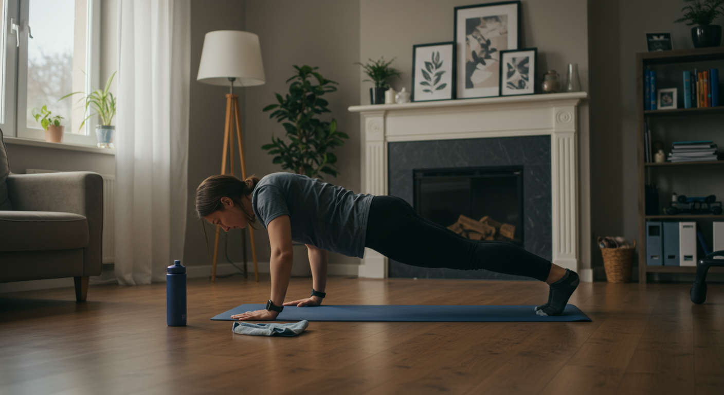Intermediate fitness person performing burpees at home, bodyweight workout, showing effort and determination, full body exercise, home fitness routine.