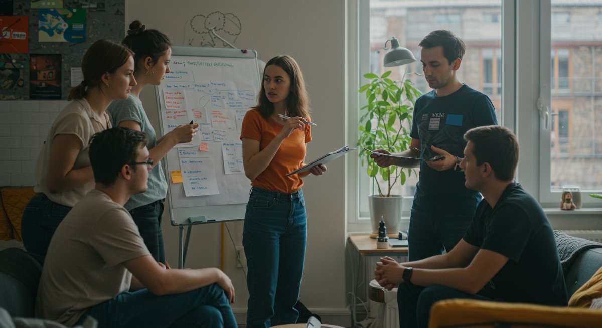 Digital nomad community building: diverse group networking in co-living space with whiteboard, modern furniture, and shared kitchen elements