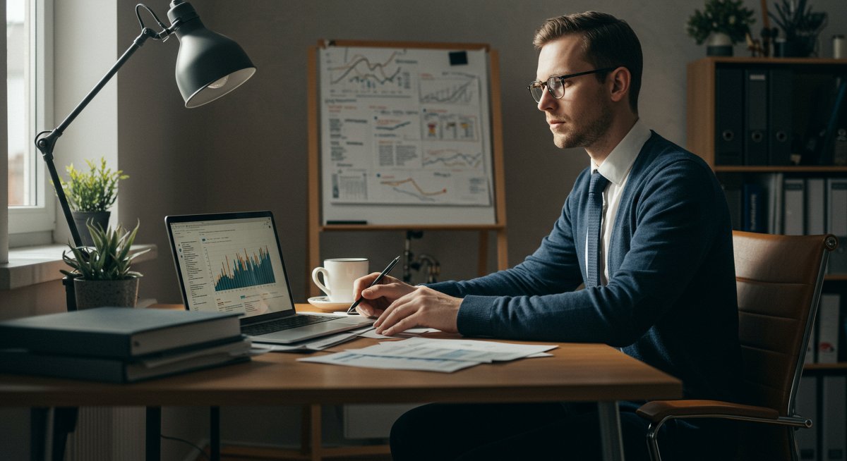 Confident man practicing conscious spending with financial tracking tools in minimalist home office