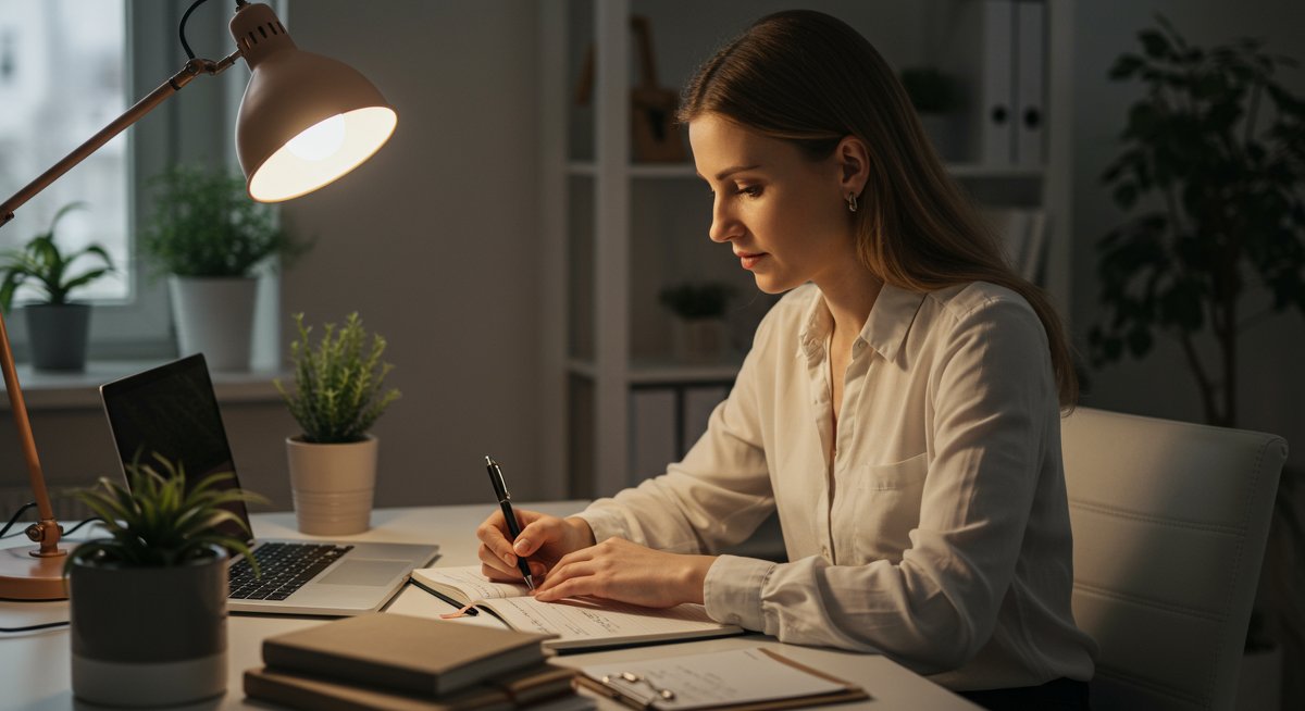 Minimalist finances illustration: woman managing budget with laptop, notebook, and planner in organized workspace