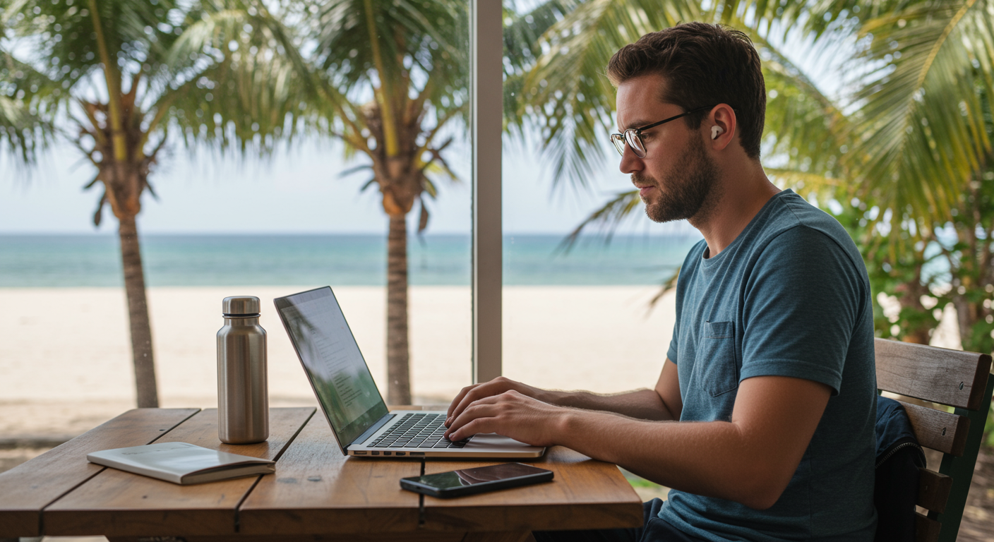 Digital nomad working on a laptop at a beachside cafe, promoting mental health and avoiding burnout.