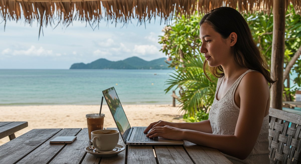Digital nomad woman working efficiently with tech essentials in a vibrant beachside cafe
