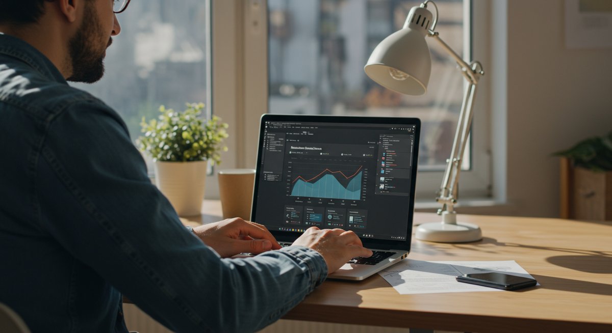 Digital nomad earning passive income from remote work and investments, modern co-working space, laptop showing financial dashboard, natural lighting