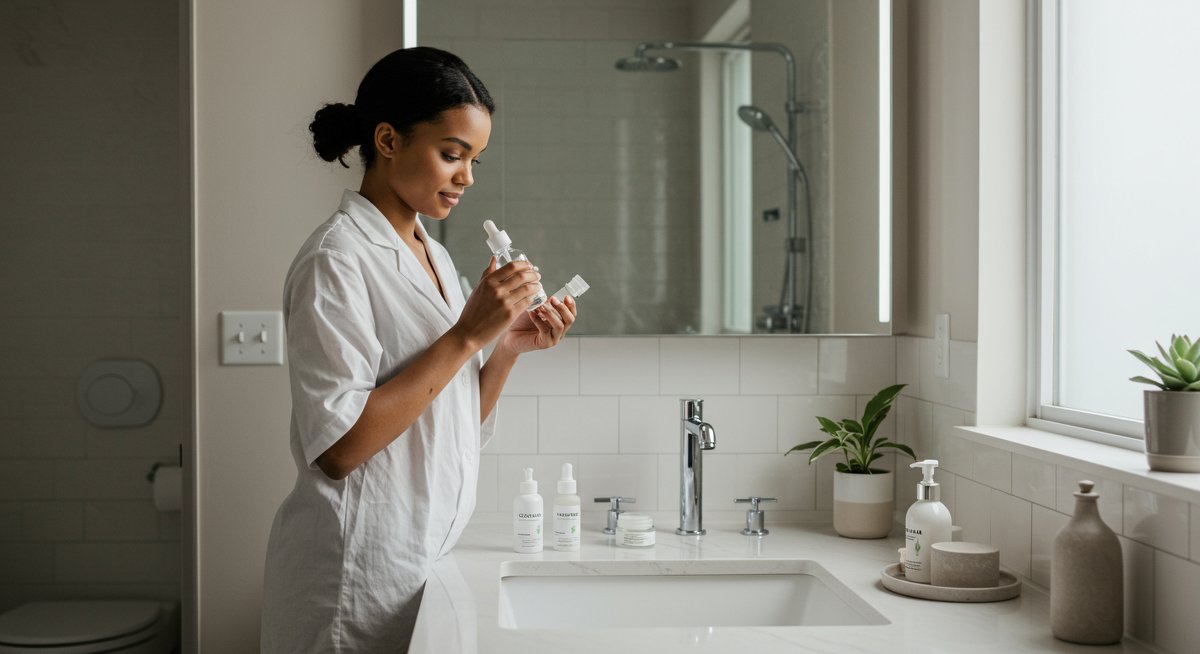 Vegan skincare routine with cruelty-free products in a clean bathroom setting