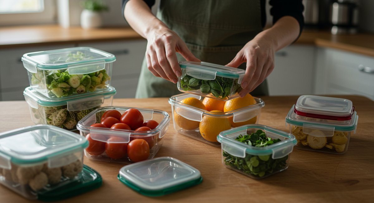 Person organizing reusable food containers with fresh produce in a bright kitchen, promoting sustainable meal prep and reducing food waste.