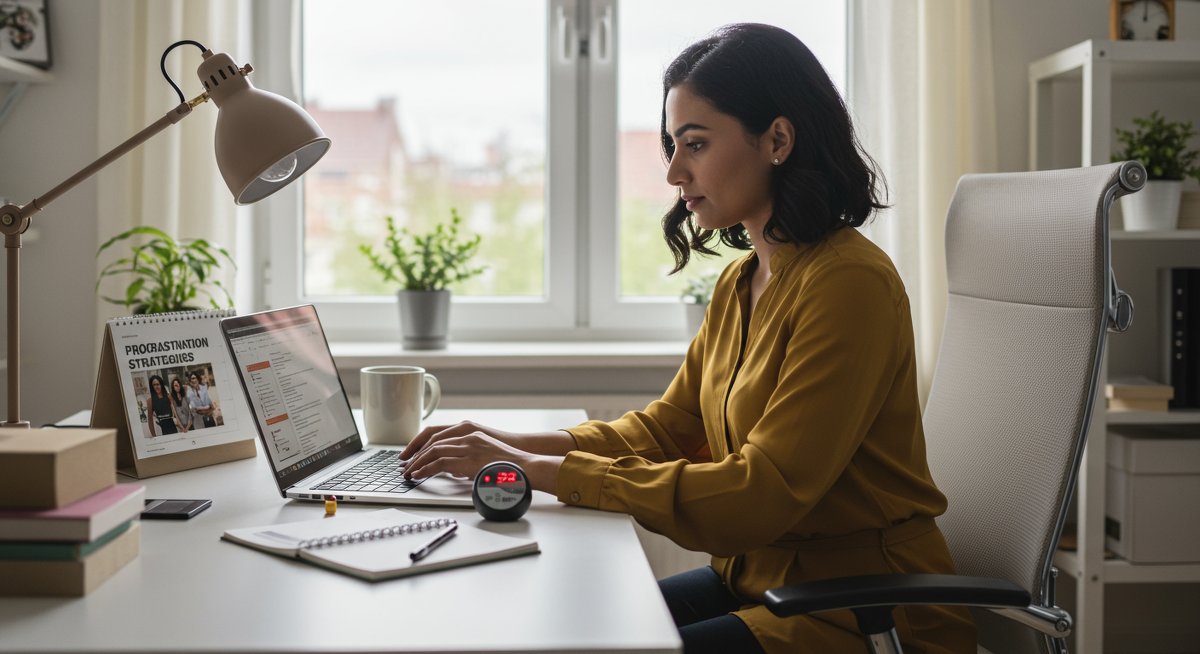 Confident female professional overcoming procrastination with Pomodoro timer and organized workspace