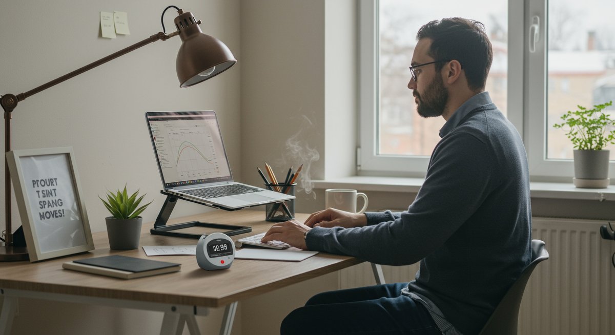 Confident professional in modern home office demonstrating focus and productivity with Pomodoro timer and time-blocking schedule