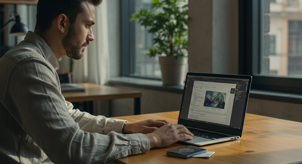 Digital Nomad Visas Europe - European Digital Nomad Visa Requirements 2025: A professional digital nomad man researching visa documentation in a modern co-working space.