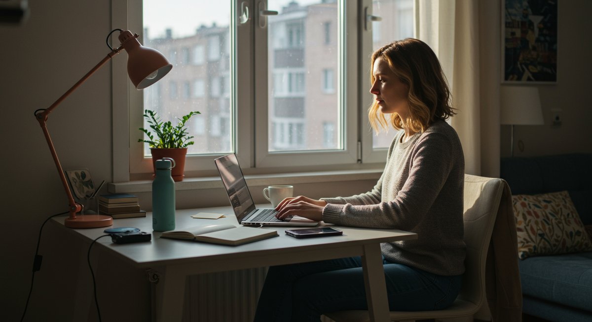 Digital nomad woman in a cozy apartment, focused on laptop work while enjoying natural sunlight from large windows, surrounded by indoor plants and personal belongings that highlight health and wellness choices.