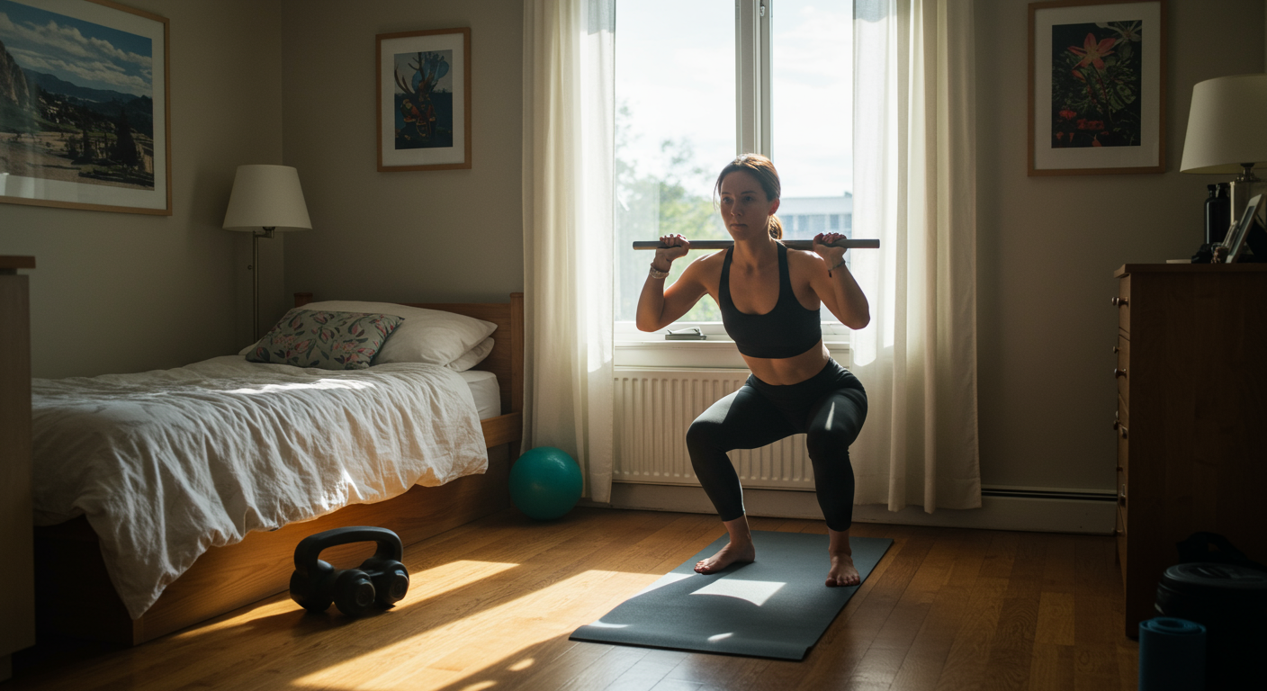 Student doing home workout in a small bedroom, focusing on bodyweight squats with a yoga mat.